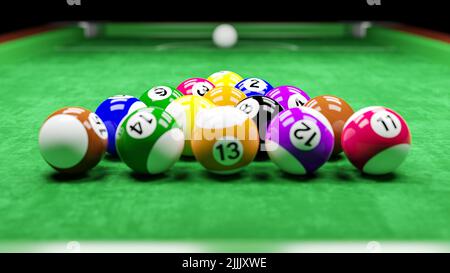 Snooker-Billardtisch und Billardball mit der Nummer 1 bis 15 . Samtstruktur auf dem Boden. 3D Rendering . Stockfoto