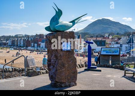 Bronzeskulptur der Arktischen Seeschwalbe von Geoffrey Dashwood, mit Berwick Law in Distance, Scottish Seabird Center, North Berwick, East Lothian, Schottland, VEREINIGTES KÖNIGREICH Stockfoto