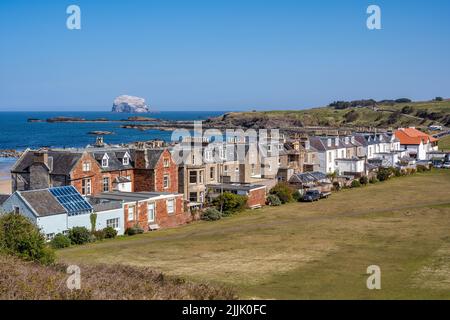 Häuser auf der Marine Parade, mit der Seekolonie von Bass Rock in der Ferne, an der Küste der Küstenstadt North Berwick in East Lothian, Schottland, Großbritannien Stockfoto