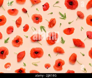 Nahtlose Blumenmuster aus roten Mohnblumen, Blätter Knospen und Blütenblätter auf beigem Hintergrund Draufsicht flach legen Stockfoto