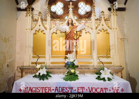 Ein Seitenaltar mit einer großen Statue von Jesus, die eine rote und goldene Robe mit einem Herz auf seiner Brust trägt. In der Metropolitan Cathedral in Cardiff, Wales, United K Stockfoto