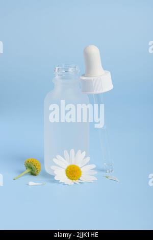 Hautpflegeserumtropfer und Flasche mit Kamillenblüten auf blauem Hintergrund Stockfoto