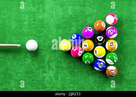 Snooker-Billardtisch und Billardball mit der Nummer 1 bis 15 . Samtstruktur auf dem Boden. Spieler zielen auf weiße Kugel . Draufsicht . 3D Rendering . Stockfoto