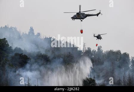 Hrensko, Tschechische Republik. 27.. Juli 2022. Im tschechischen Nationalpark Böhmische Schweiz in Hrensko nahe der Grenze zu Sachsen werden Hubschrauber zum Löschen eines Waldbrands eingesetzt. Kredit: Robert Michael/dpa/Alamy Live Nachrichten Stockfoto