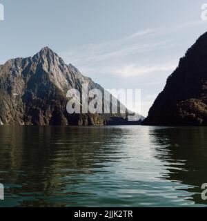 Luftaufnahme des Milford Sound, in Neuseeland, nahm ein touristisches Flugzeug an Stockfoto