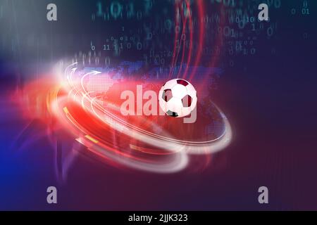 Fußball auf futuristischem Sporthintergrund mit Binärcode. 3D Abbildung Stockfoto