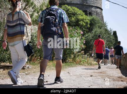 Upper Bergamo viele Touristen besuchen die Stadt im heißen Sommer Stockfoto