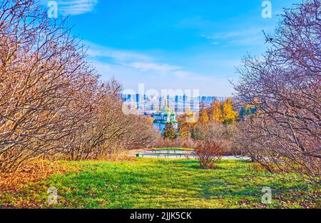 Der schöne grüne Hügel des Kyiv Botanischen Gartens mit Blick auf Kuppeln des historischen Klosters Vydubychi im Hintergrund, Kiew, Ukraine Stockfoto