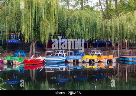 Kleine Ruderboote, Paddelboote und Picknicktische am Rande des Baches. Babylonische Weide - Salix Babylonica Bäume in der Kiyikoy Überschwemmungsebene, Türkei. Stockfoto