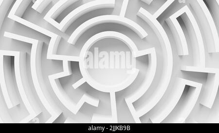 Draufsicht Nahaufnahme des weißen runden Labyrinths. 3D Rendern Stockfoto