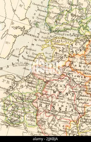 1897 atlas-Karte der baltischen staaten - Estland, Lettland (Livland), Litauen (Kurland, Kurland) - grenzend an Russland. Für Suwalki Gap/Suwalki Korridor Stockfoto