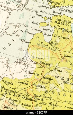 Karte der 1900s baltischen Staaten - Estland, Lettland (Livland), Litauen (Kurland) unter der Kontrolle des vorsowjetischen Russlands + Königsberg & Suwalki Gap. Stockfoto