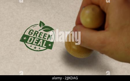 Green Deal Stempel und Stempelhand. European Fit for 55 und Reduzierung des Konzepts der Treibhausgasemissionen. Stockfoto