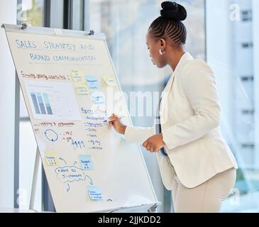 Unser nächstes Quartal wird erstaunlich sein: Ein junger Geschäftsmann, der sich während der Arbeit an einem Whiteboard auf eine Präsentation vorbereitet. Stockfoto