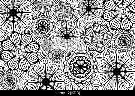Schwarz-weiße Textur mit Mandala-Blumenmuster. Monochrome Farben. Handgezeichnetes Mandala. Runde Elemente. Weißer Hintergrund. Stockfoto
