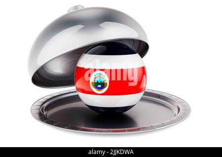 Restaurant Cloche mit Costa Rica Flagge. 3D Darstellung isoliert auf weißem Hintergrund Stockfoto