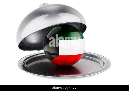 Restaurant Cloche mit kuwaitischer Flagge. 3D Darstellung isoliert auf weißem Hintergrund Stockfoto