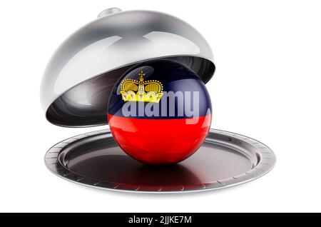 Restaurant Cloche mit Liechtensteiner Flagge. 3D Darstellung isoliert auf weißem Hintergrund Stockfoto