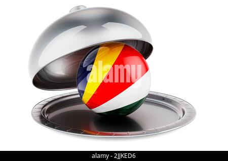 Restaurant Cloche mit Flagge der Seychellen. 3D Darstellung isoliert auf weißem Hintergrund Stockfoto