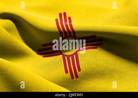 3D Illustration Flagge von New Mexico ist ein Staat der Vereinigten Staaten. Winken auf dem textilen Hintergrund der Windfahne Stockfoto