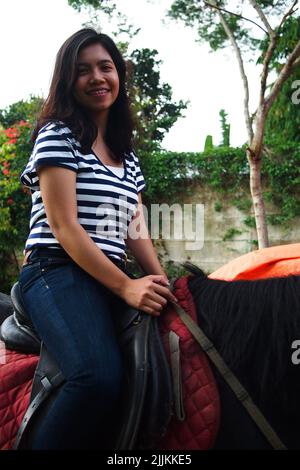 Portrait von jungen und schönen asiatischen Mädchen auf der Rückseite des Pferdes sitzend in lässigem Outfit mit Bäumen im Hintergrund. Aufgeregt und glücklich Ausdruck. Stockfoto