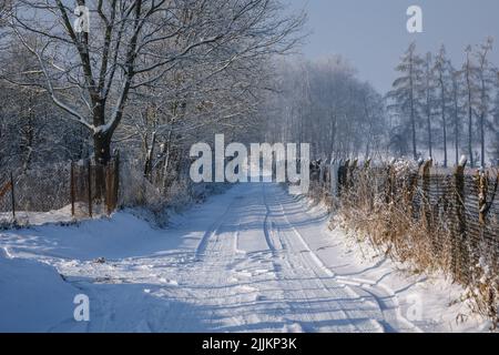 Schneebedeckte Straße im Dorf Rogow in der Woiwodschaft Lodzkie in Polen Stockfoto