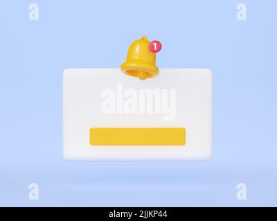 Benachrichtigung 3D Render - weißes Banner mit leerem Platz für Text, gelbe Glocke und Taste isoliert auf blauem Hintergrund. Stockfoto