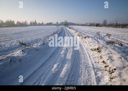 Ländliche Feldstraße im Dorf Rogow in der Woiwodschaft Lodzkie in Polen Stockfoto