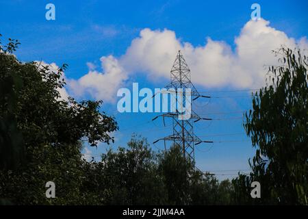 Hochspannungs-Stromübertragungsleitung, die durch einen Wald in einem blauen Himmel und bewölktem Hintergrund läuft Stockfoto