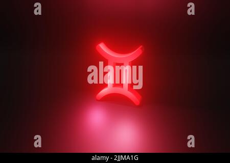 Gemini rot Neon Tierkreis Symbol, rot Neon leuchten Horoskop Zeichen 3D Render Stockfoto