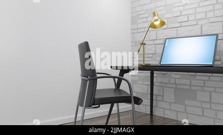Die 3D Rendering des Schreibtisches mit einem Laptop und einem leeren Stuhl. Stockfoto