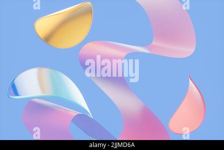 Abstrakte Kurven und Glas mit blauem Hintergrund, 3D Rendering. Digitale Zeichnung des Computers. Stockfoto