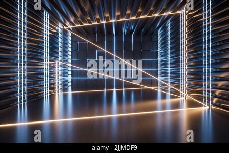 Leuchtende Neonlinien und zufällig angeordnete Würfel im dunklen Raum, 3D Rendering. Digitale Zeichnung des Computers. Stockfoto