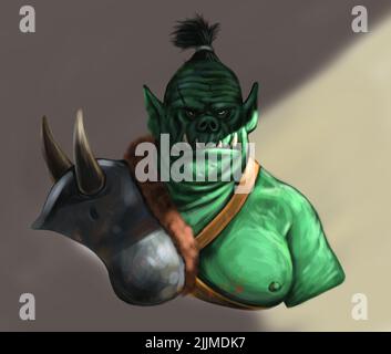 ORC-Hochformat. Fantasy-Digitalzeichnung. Abbildung der Monster-Kreatur. Stockfoto