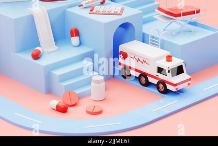 Ambulanz zog aus dem blauen Krankenhaus, blaue Krankenhausszene und medizinische Ausrüstung, 3D Rendering. Digitale Zeichnung des Computers. Stockfoto