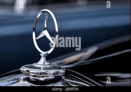 Helmstedt, 17. Juli 2022: Mercedes-Stern auf der Motorhaube eines Oldtimer, selektiver Fokus Stockfoto