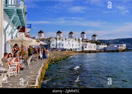 Griechenland, Kykladen, Mykonos-Insel, Chora, Mykonos-Stadt, Mykonos-Stadt, fünf Windmühlen (Kato Mili) und Little Venise Stockfoto