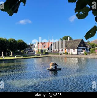 Entenhaus im Dorfteich, umgeben von traditionellen Fachwerkhäusern, Nordby, Samsoe, Jütland, Dänemark Stockfoto