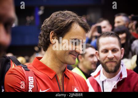 ROGER FEDERER aus der Schweiz beim Davis-Cup-Spiel zwischen Serbien und der Schweiz, 31 2014. Januar, Novi Sad, Serbien Stockfoto