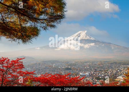 Fujiyoshida, Japan, mit Herbstlaub rund um den Mt. Fuji in der Herbstsaison. Stockfoto