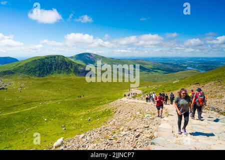 SNOWDON, WALES - 09. JULI 2022: Wanderer besteigen den Mount Snowdon, um den Gipfel zu erreichen. Snowdon ist der höchste Berg in Wales, Stockfoto