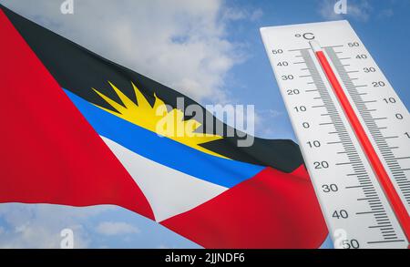 Hitzewelle in Antigua und Barbuda, Thermometer vor Flagge Antigua und Barbuda und Himmelshintergrund, Hitzewelle in Antigua und Barbuda, Gefahr extrem Stockfoto