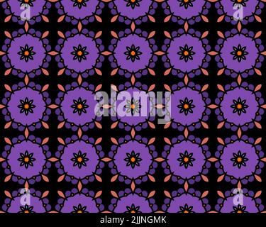 Ein farbenfrohes, nahtloses Muster aus geometrischen Figuren und blumenartigen Formen Stockfoto