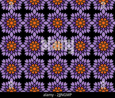 Ein farbenfrohes, nahtloses Muster aus geometrischen Figuren und blumenartigen Formen Stockfoto