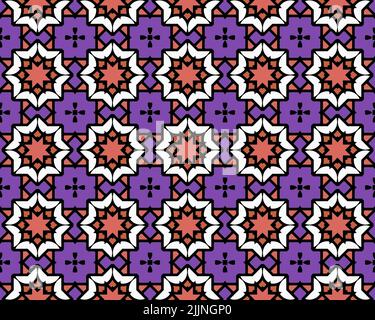 Ein farbenfrohes, nahtloses Muster aus geometrischen Figuren und blumenartigen Formen Stockfoto