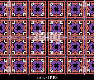 Ein farbenfrohes, nahtloses Muster aus geometrischen Figuren und blumenartigen Formen Stockfoto