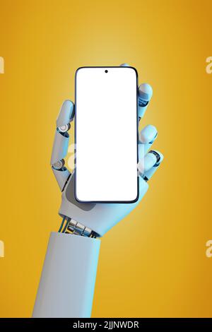 Roboterhand, die ein Mobiltelefon mit einem leeren Feld auf gelbem Hintergrund hält. 3D Abbildung. Stockfoto