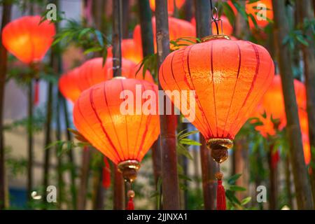 Eine Nahaufnahme von roten chinesischen Laternen, die an den Bambuspflanzen hängen. Stockfoto