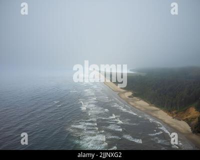 Seascape. Schießen von einer Drohne. Lange sandige Küste und grünes Gras. Hellweiße Wellen. Schöne Natur, ökologisch sauberer Ort. Ruhe, Reisen, Stockfoto