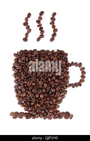 Eine geröstete Kaffeebohnen in Form einer Tasse auf einer weißen Oberfläche Stockfoto